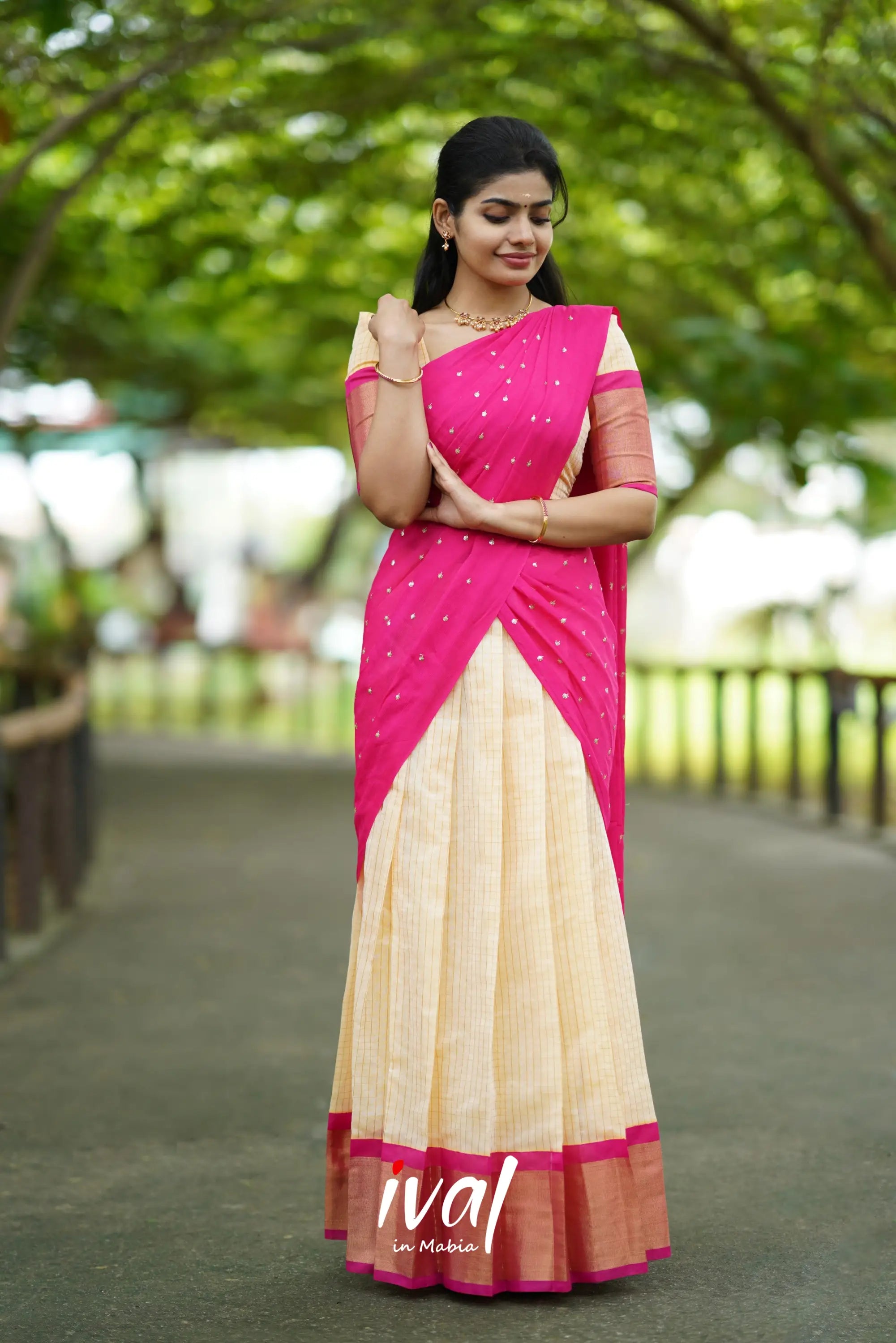 Sayuri - Cream And Pink Silk Cotton Halfsaree Half Sarees