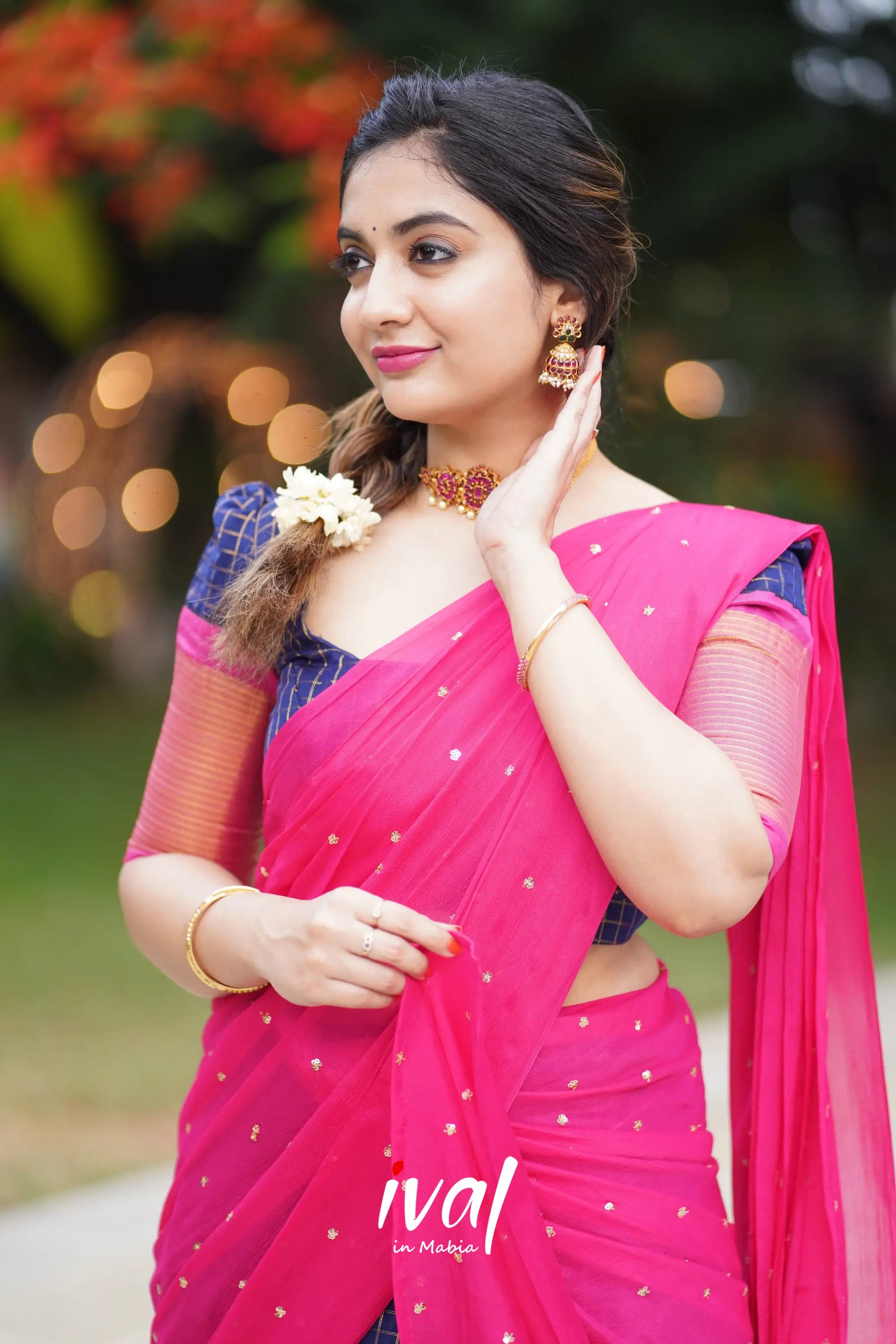 Sayuri - Dark Blue And Pink Silk Cotton Halfsaree Half Sarees