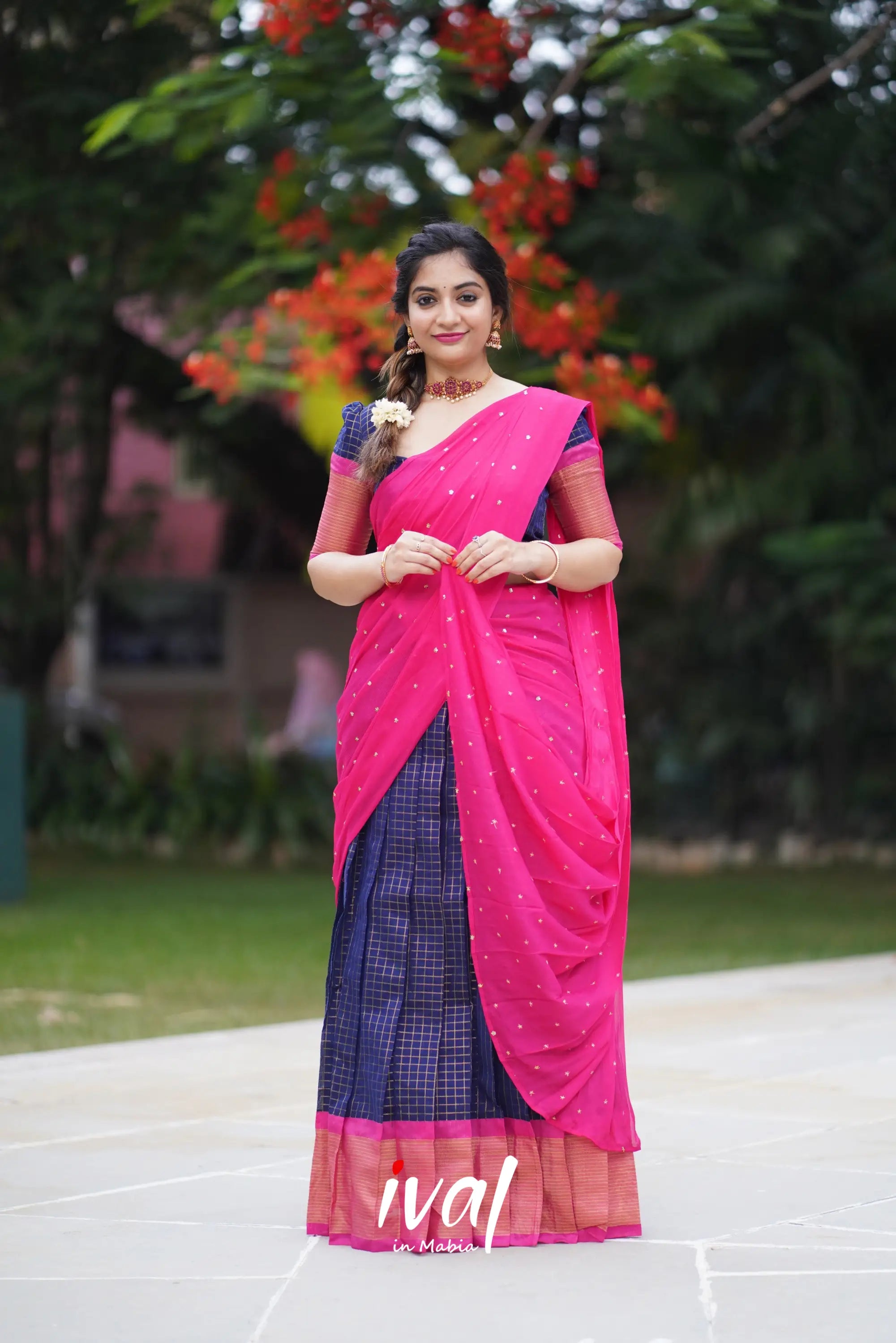 Sayuri - Dark Blue And Pink Silk Cotton Halfsaree Half Sarees