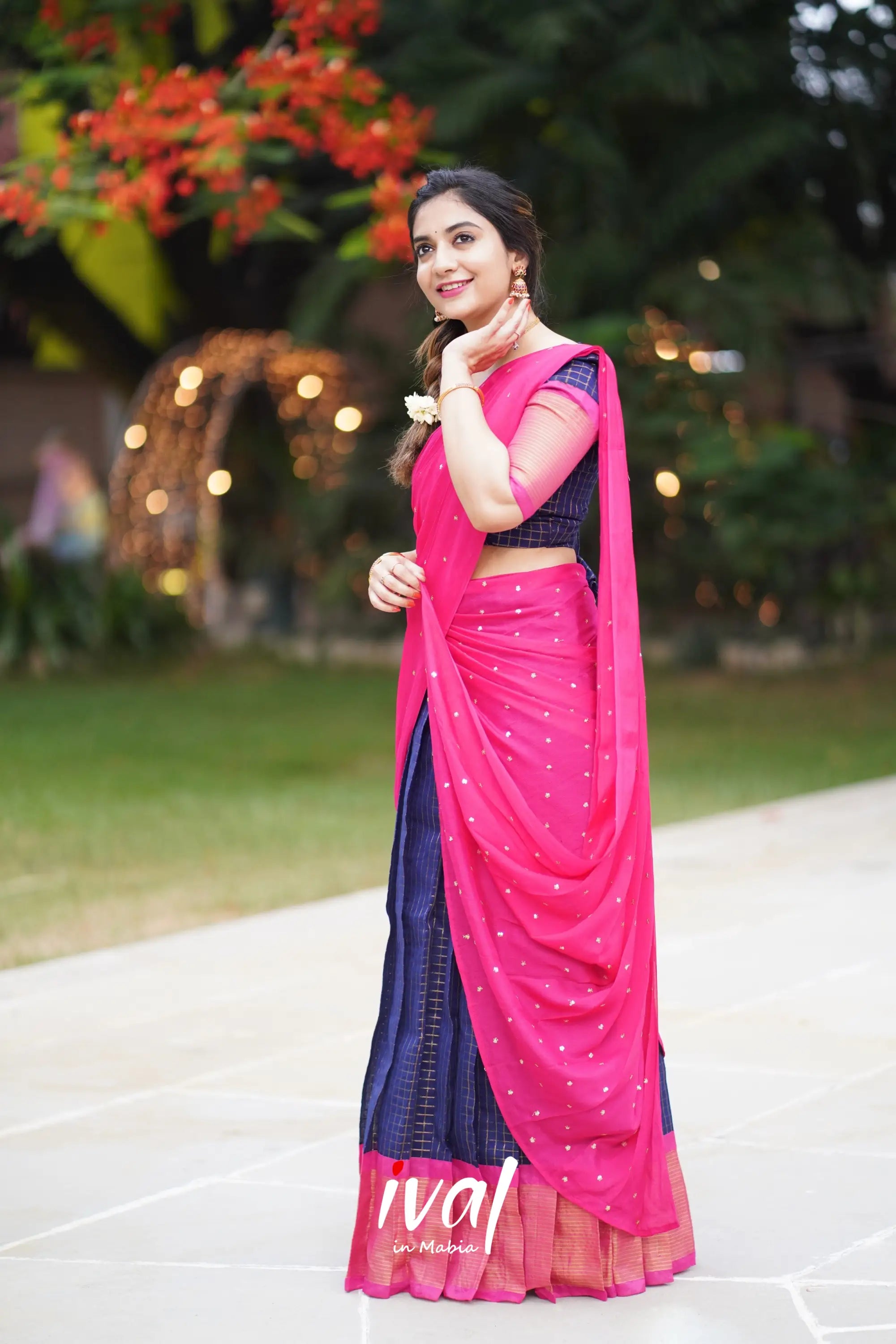 Sayuri - Dark Blue And Pink Silk Cotton Halfsaree Half Sarees