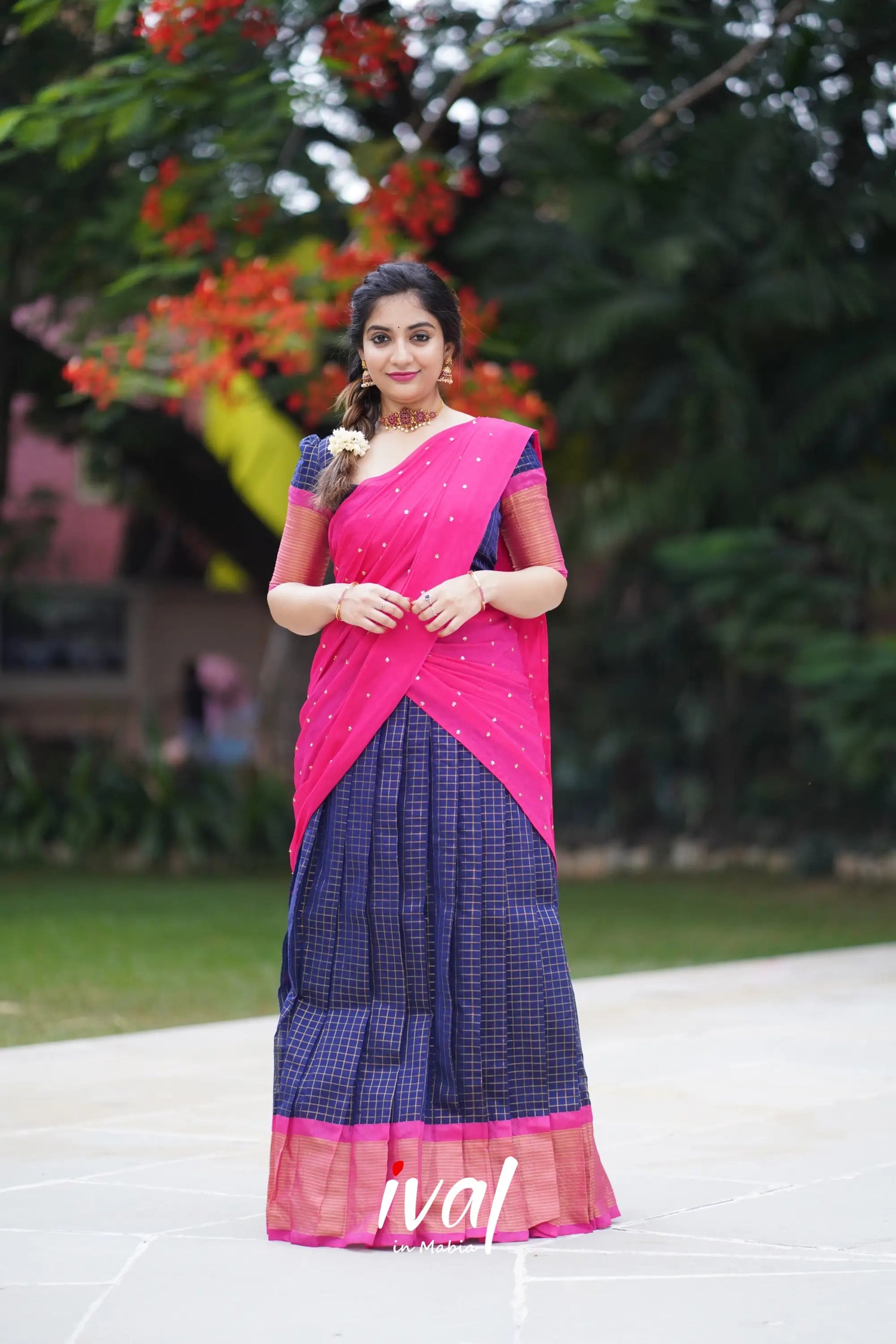 Sayuri - Dark Blue And Pink Silk Cotton Halfsaree Half Sarees