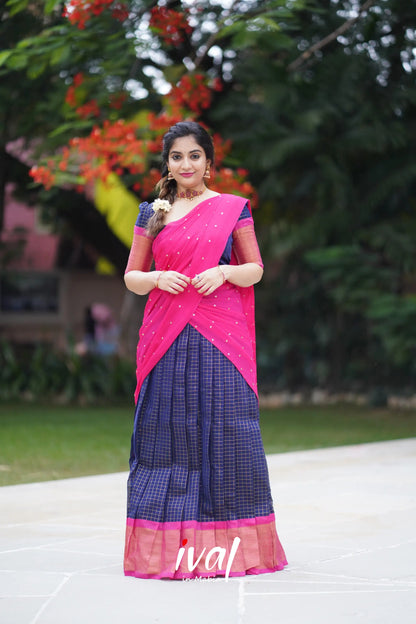 Sayuri - Dark Blue And Pink Silk Cotton Halfsaree Half Sarees