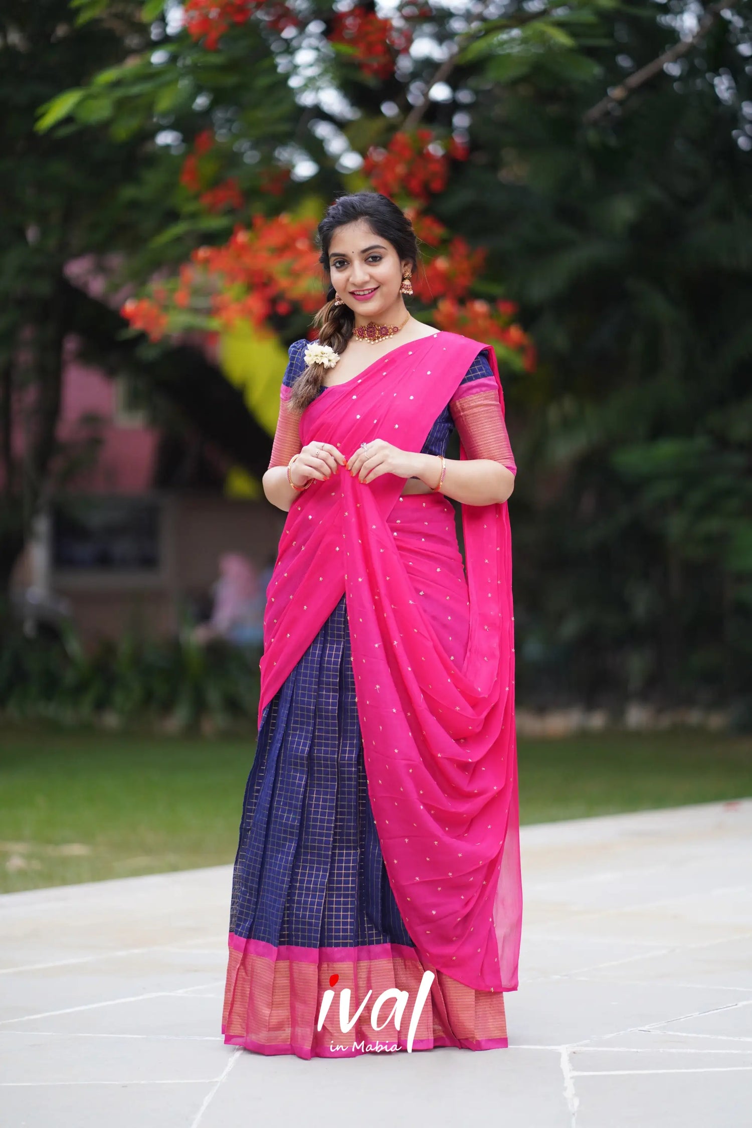 Sayuri - Dark Blue And Pink Silk Cotton Halfsaree Half Sarees