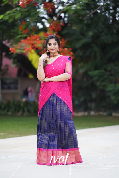 Sayuri - Dark Blue And Pink Silk Cotton Halfsaree Half Sarees