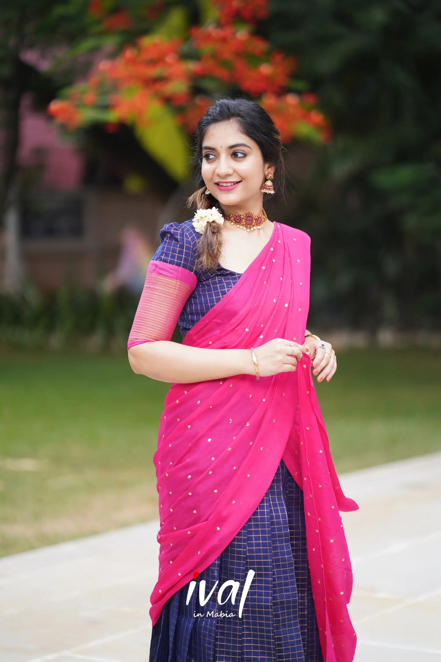 Sayuri - Dark Blue And Pink Silk Cotton Halfsaree Half Sarees