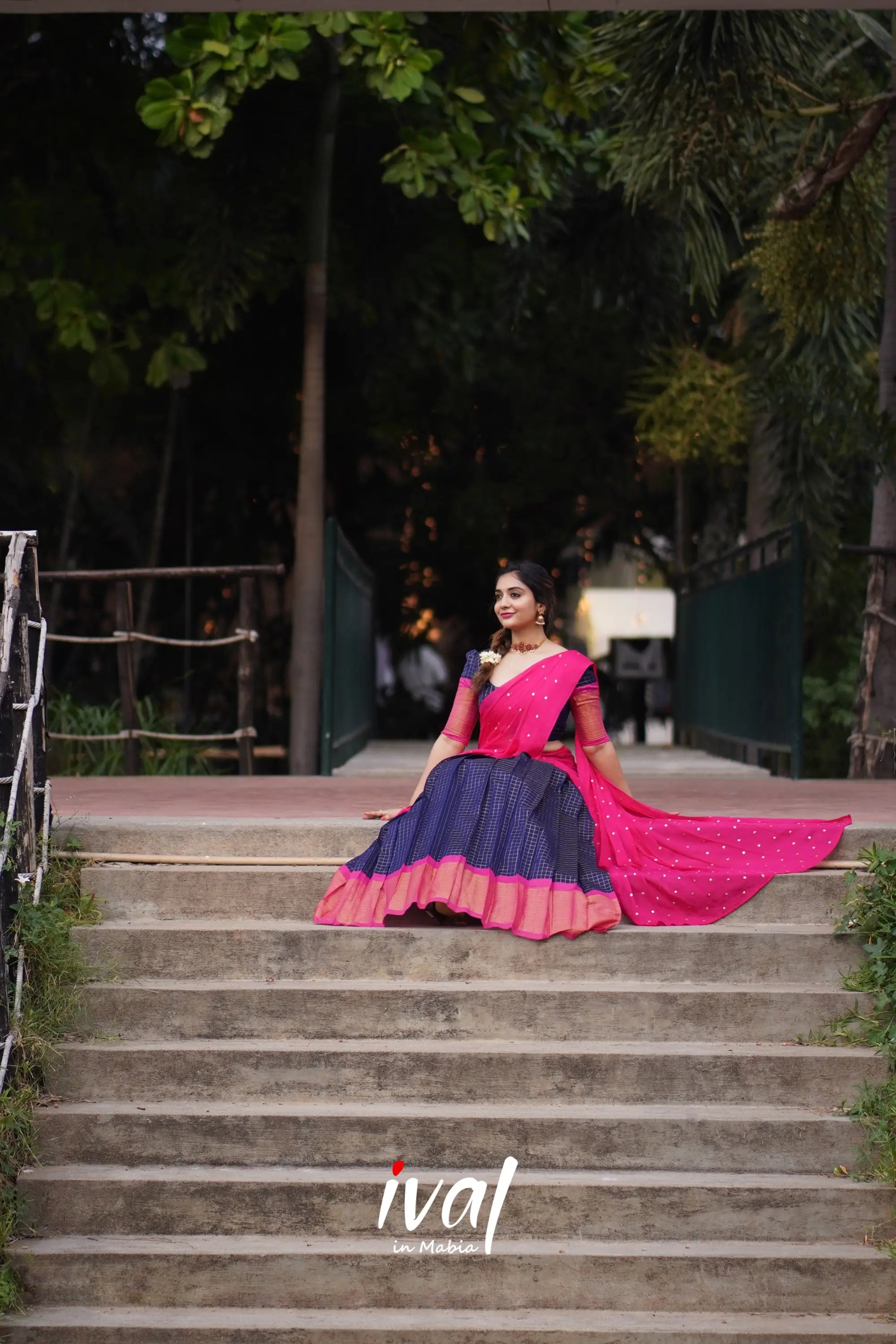 Sayuri - Dark Blue And Pink Silk Cotton Halfsaree Half Sarees