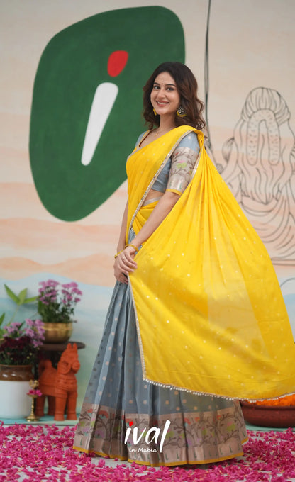 Sayuri Kota Halfsaree - Ash and Yellow Half Sarees