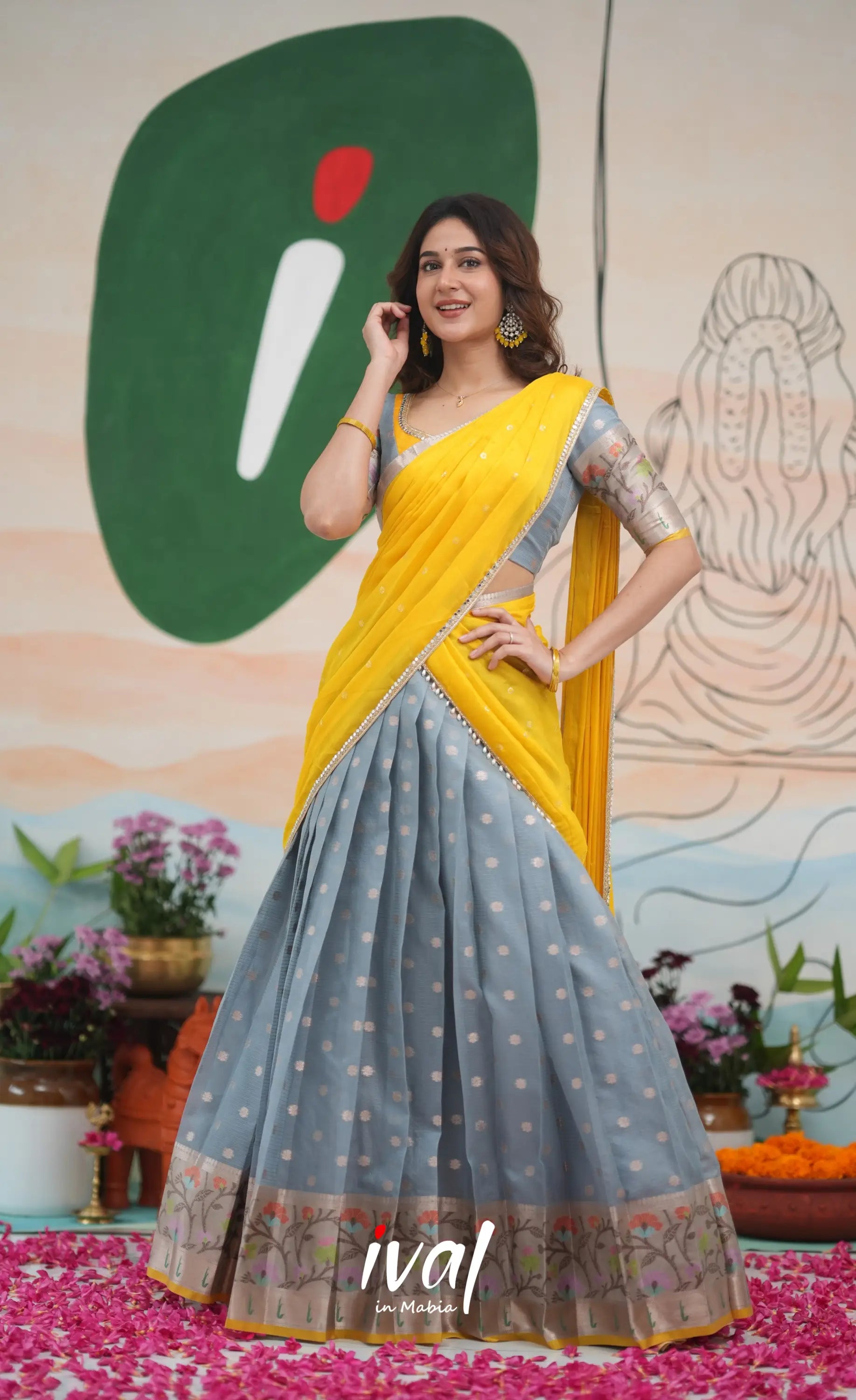 Sayuri Kota Halfsaree - Ash and Yellow Half Sarees