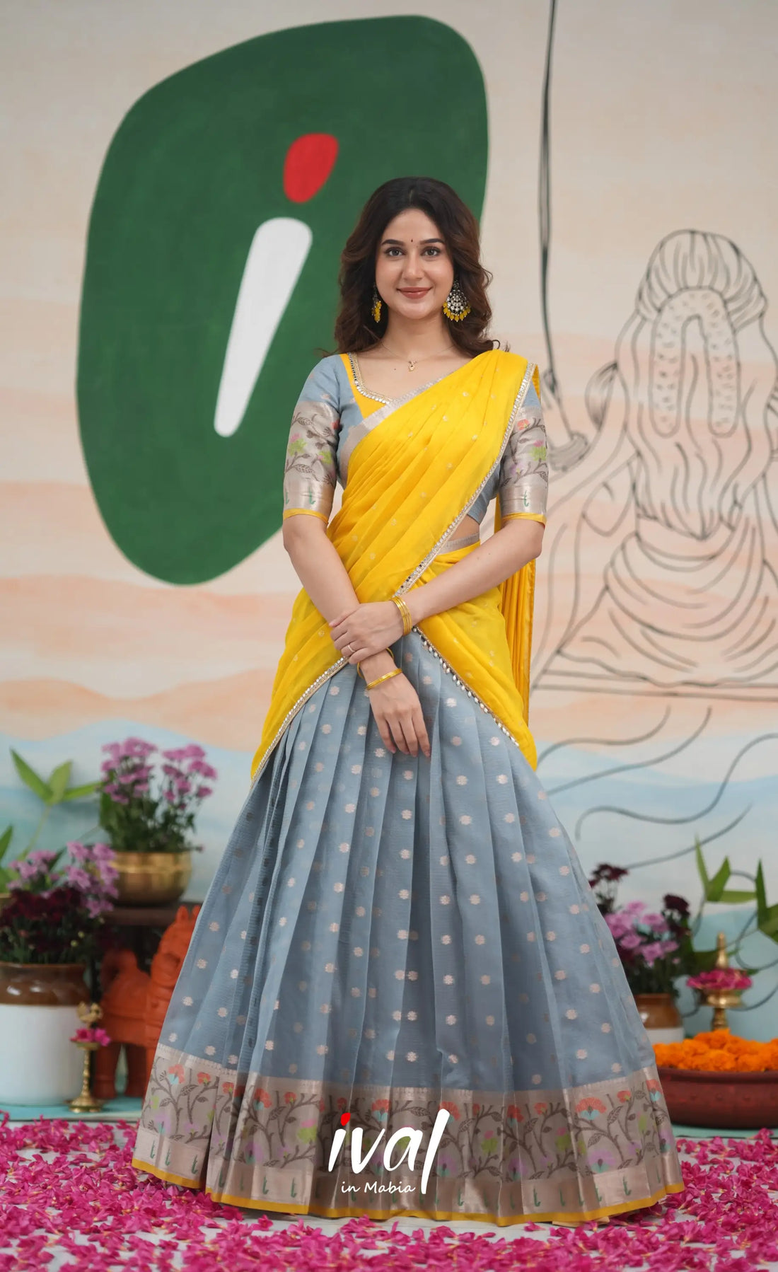Sayuri Kota Halfsaree - Ash and Yellow Half Sarees