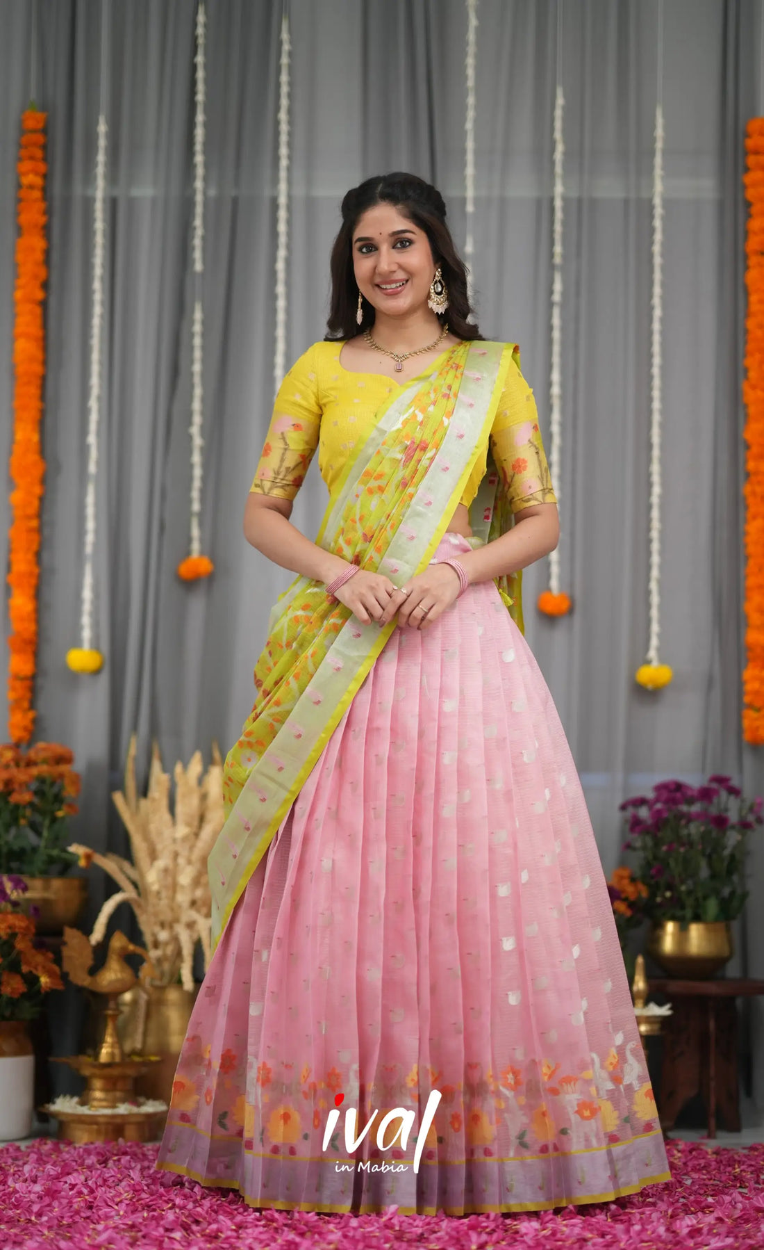 Sayuri Kota Halfsaree - baby Pink and Bright Yellow Half Sarees