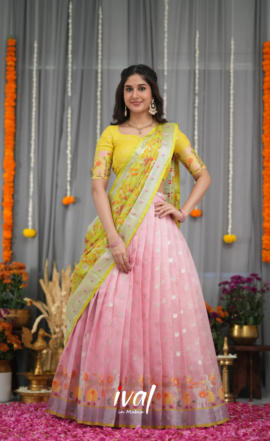 Sayuri Kota Halfsaree - baby Pink and Bright Yellow Half Sarees