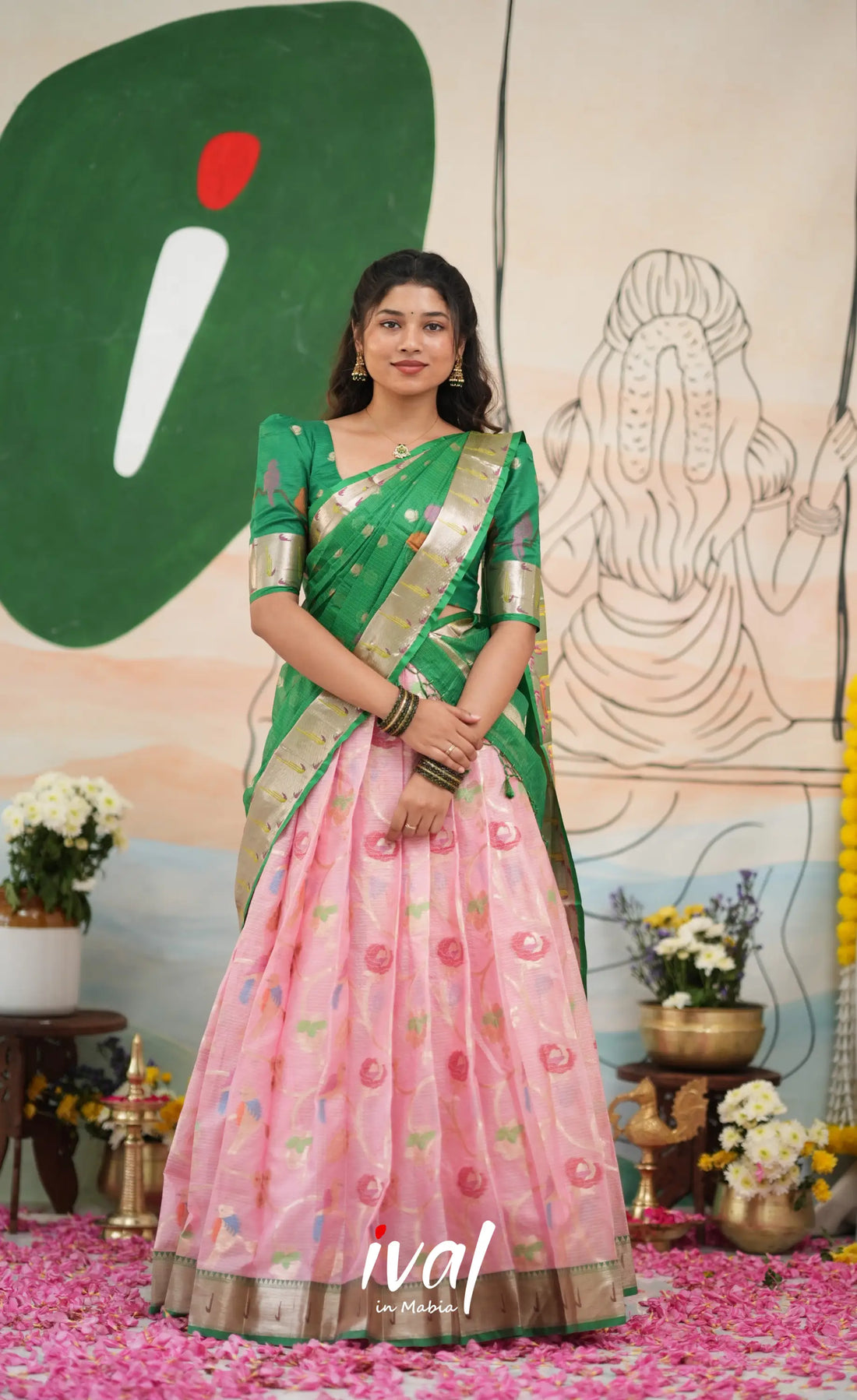 Sayuri Kota Halfsaree - Baby Pink and Green - Half Sarees