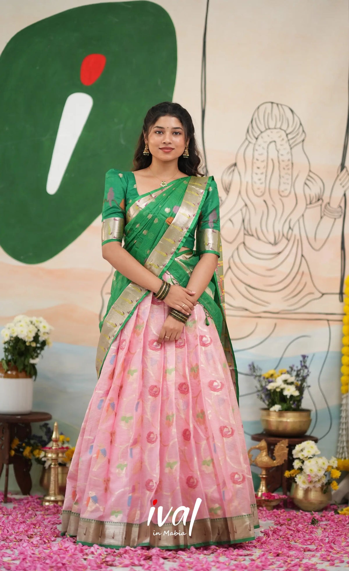 Sayuri Kota Halfsaree - Baby Pink and Green - Half Sarees