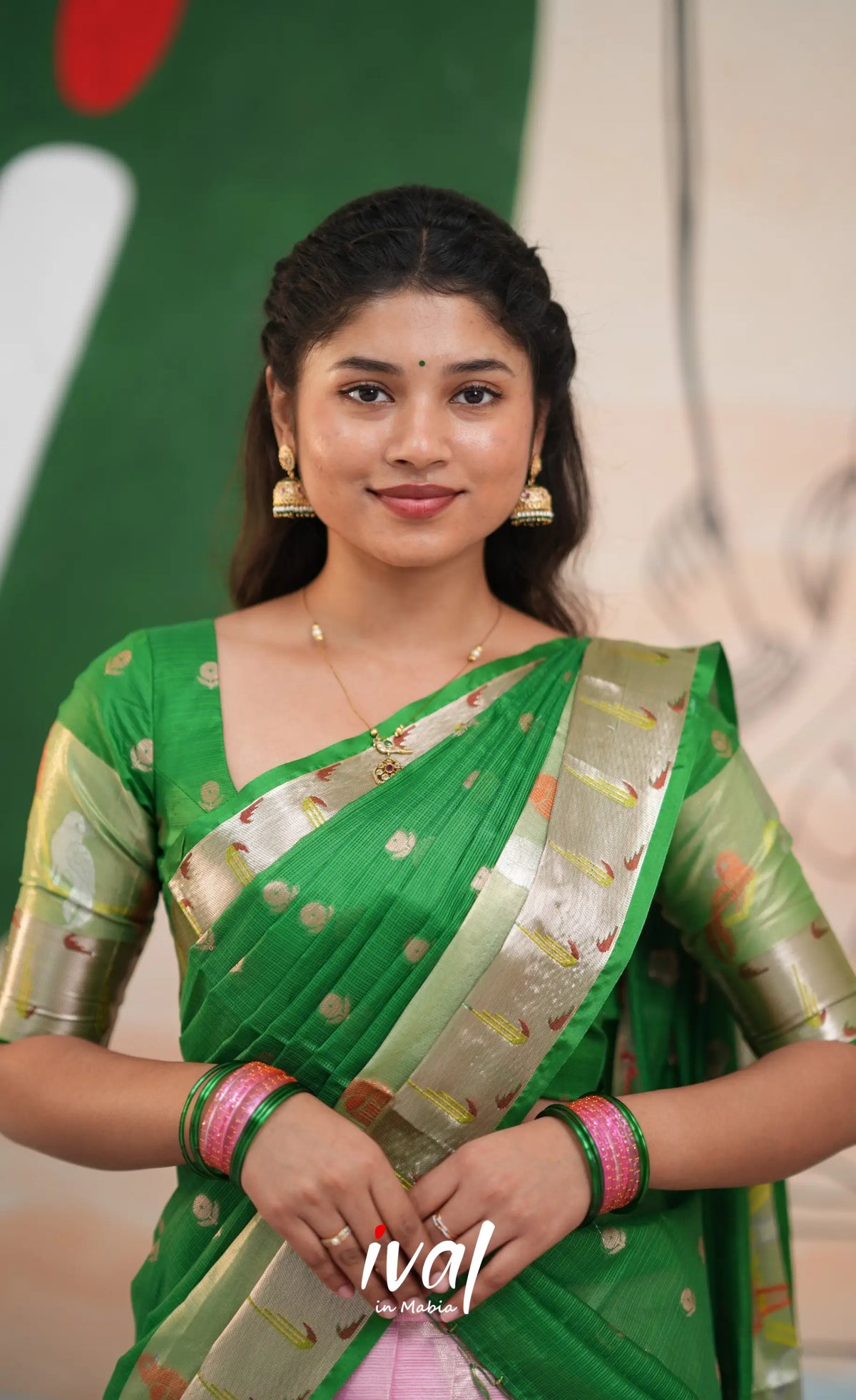 Sayuri Kota Halfsaree - Baby Pink and Green - Half Sarees