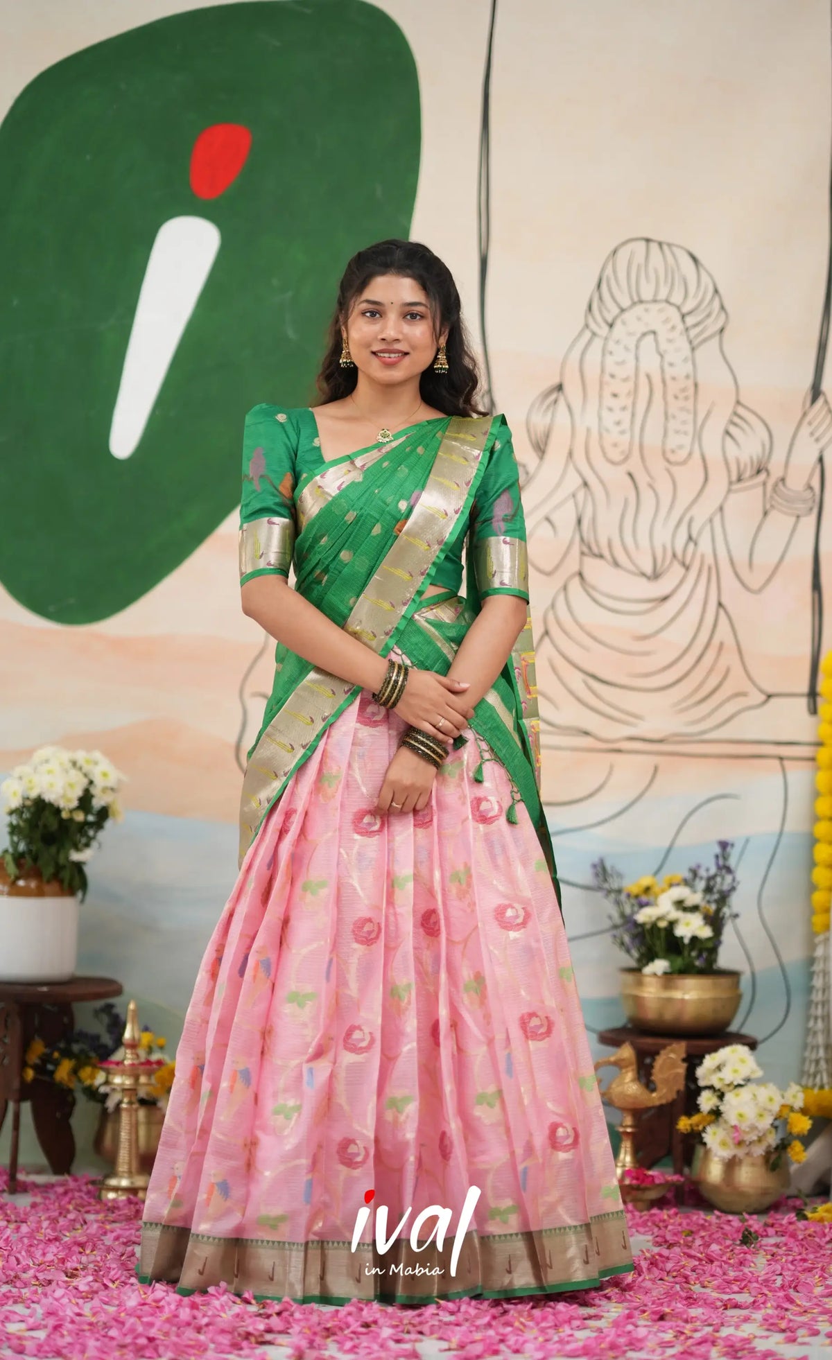 Sayuri Kota Halfsaree - Baby Pink and Green - Half Sarees