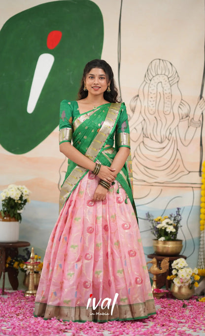 Sayuri Kota Halfsaree - Baby Pink and Green - Half Sarees