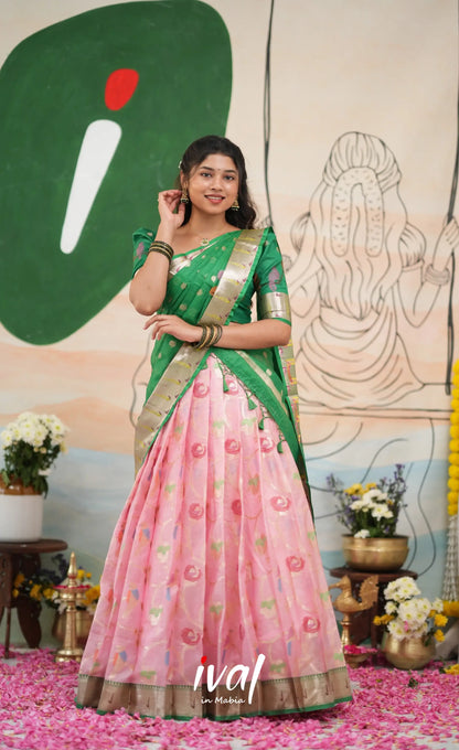Sayuri Kota Halfsaree - Baby Pink and Green - Half Sarees