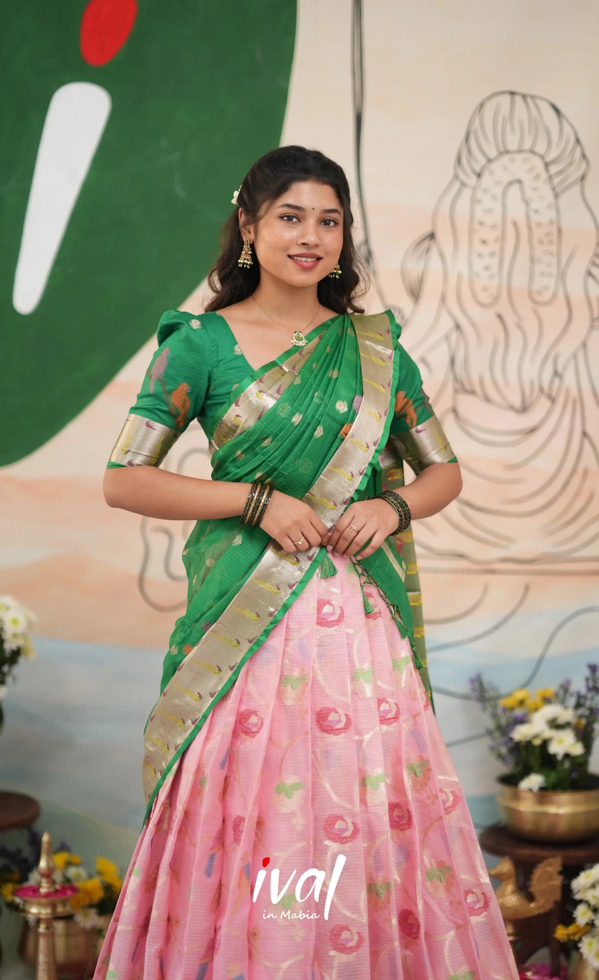 Sayuri Kota Halfsaree - Baby Pink and Green - Half Sarees