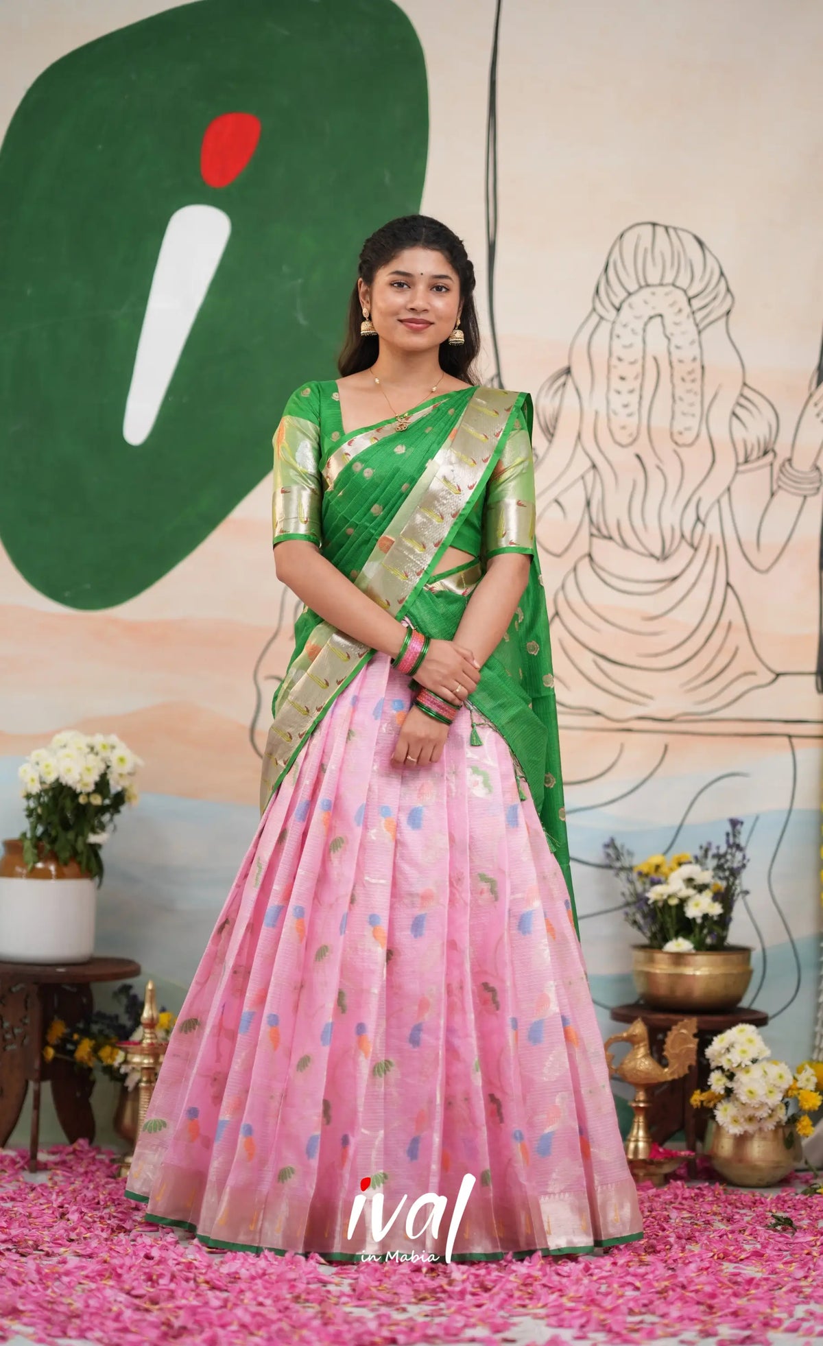 Sayuri Kota Halfsaree - Baby Pink and Green - Half Sarees