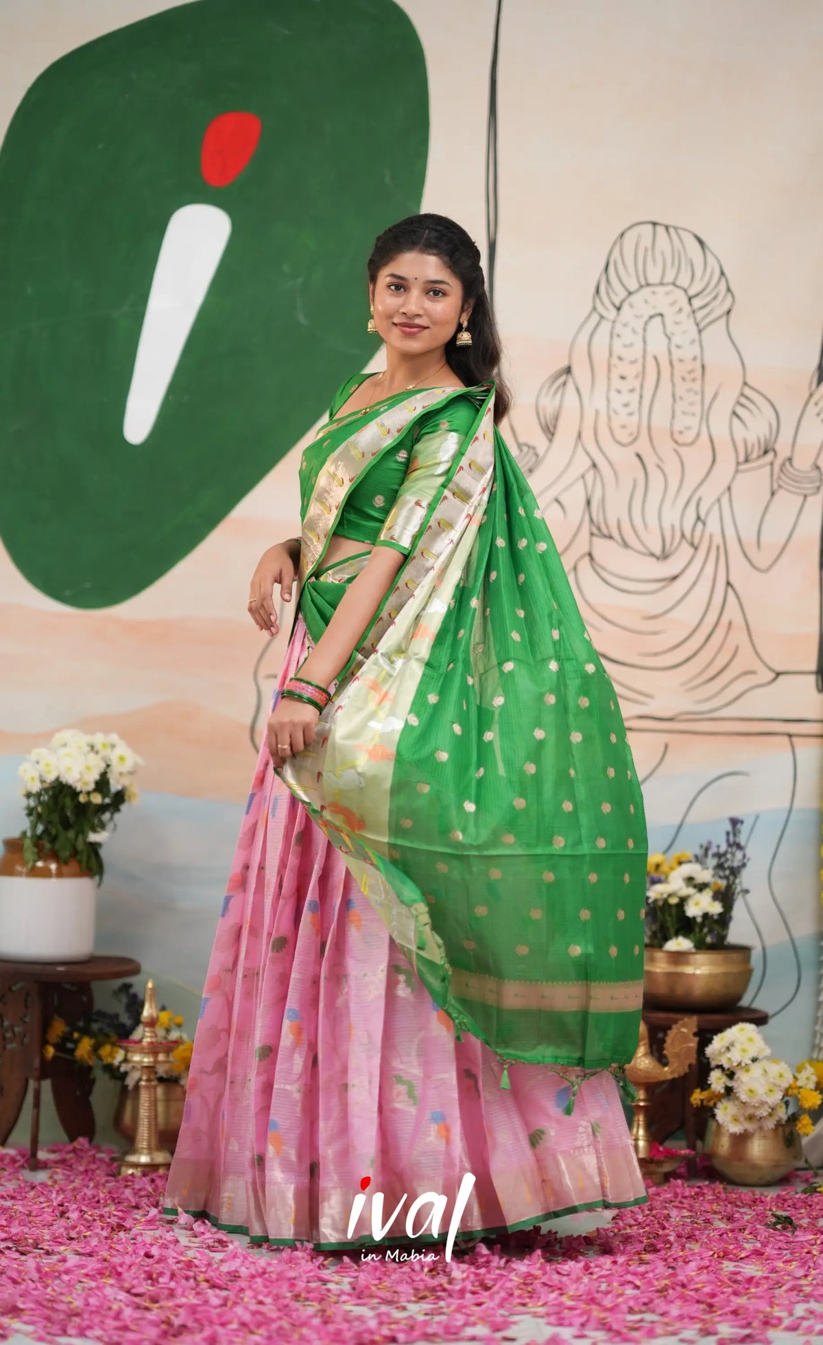 Sayuri Kota Halfsaree - Baby Pink and Green - Half Sarees