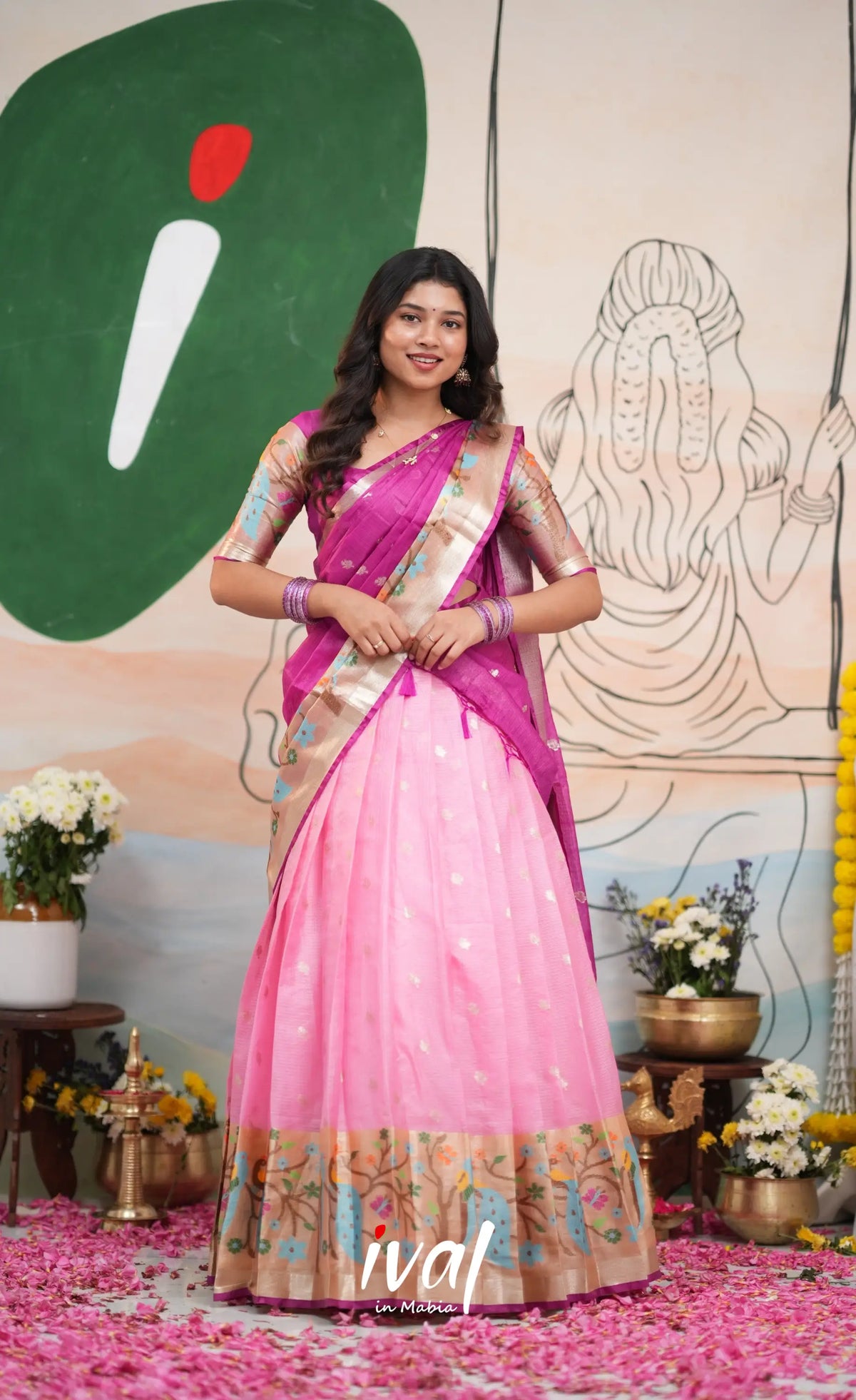 Sayuri Kota Halfsaree - Baby Pink and Magenta - Half Sarees