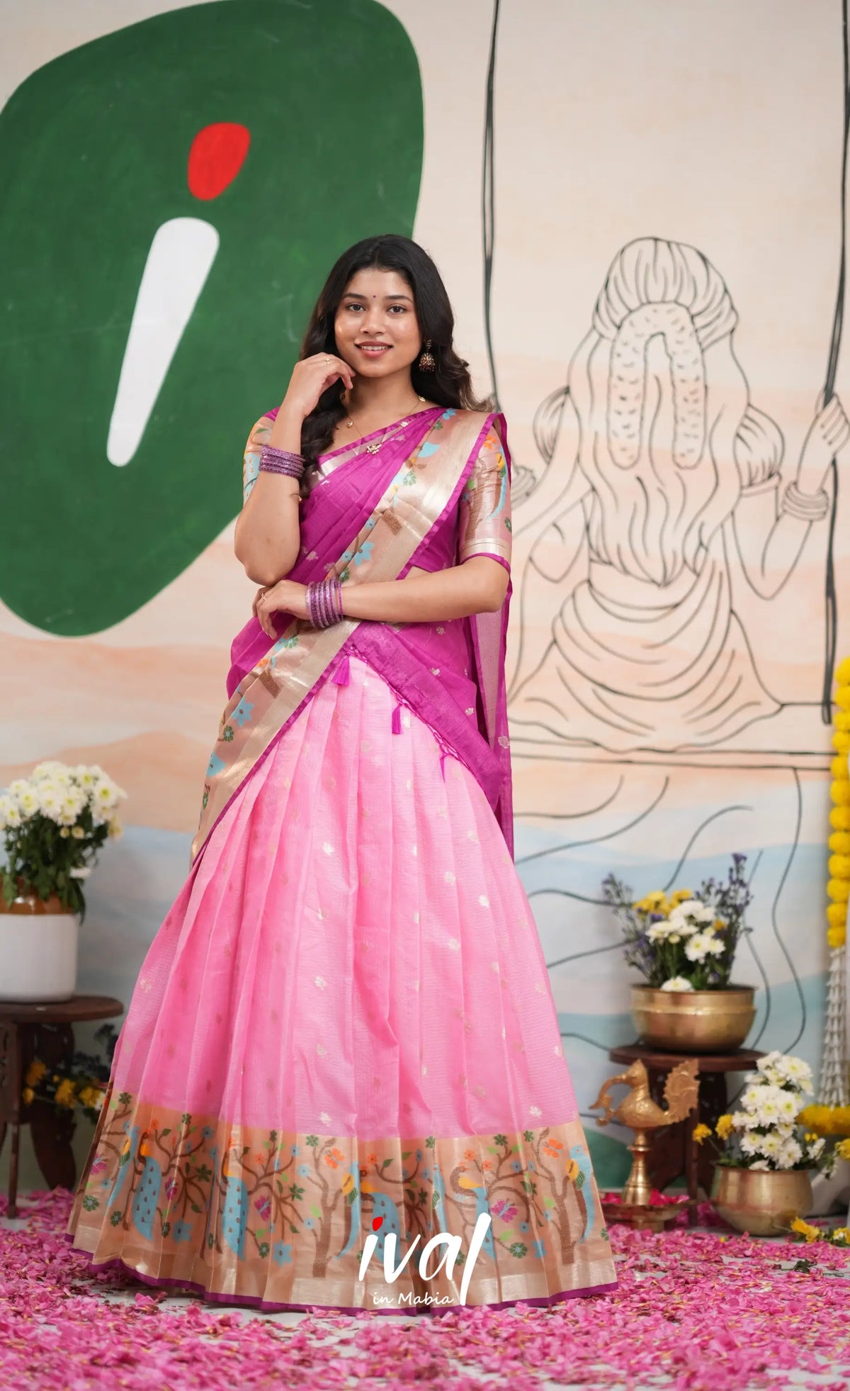 Sayuri Kota Halfsaree - Baby Pink and Magenta - Half Sarees