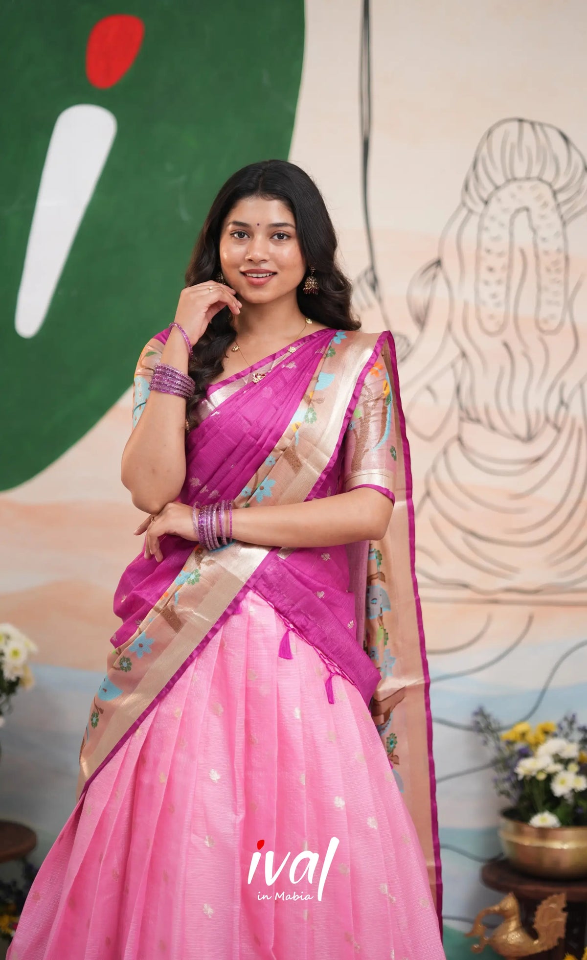 Sayuri Kota Halfsaree - Baby Pink and Magenta - Half Sarees