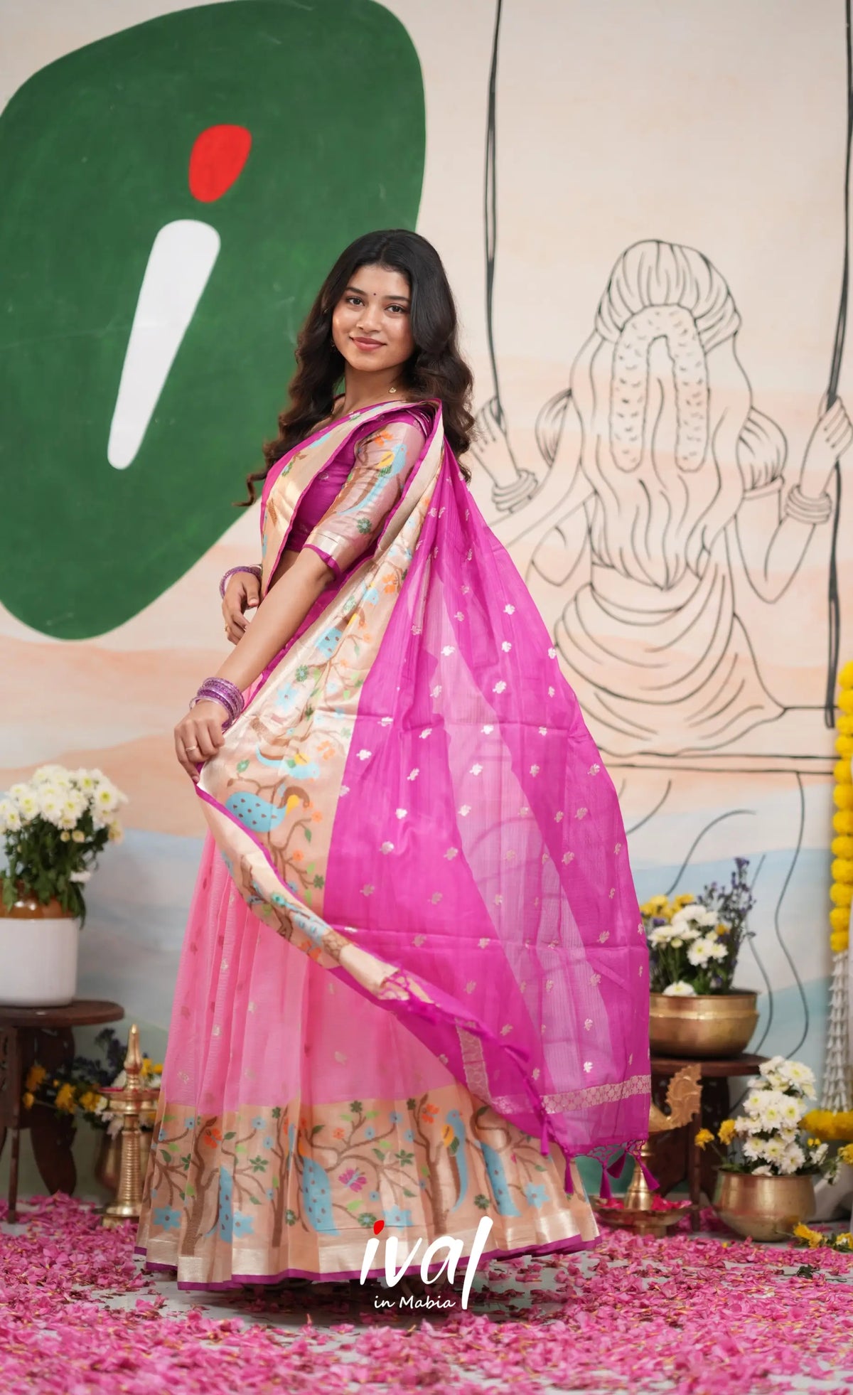 Sayuri Kota Halfsaree - Baby Pink and Magenta - Half Sarees