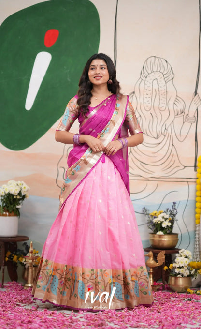 Sayuri Kota Halfsaree - Baby Pink and Magenta - Half Sarees