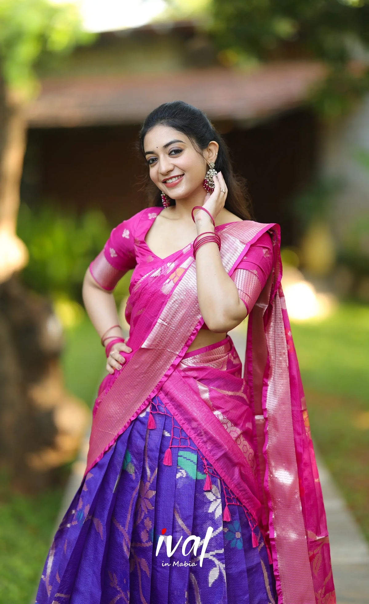 Sayuri Kota Halfsaree - Bluish violet and Pink - Half Sarees