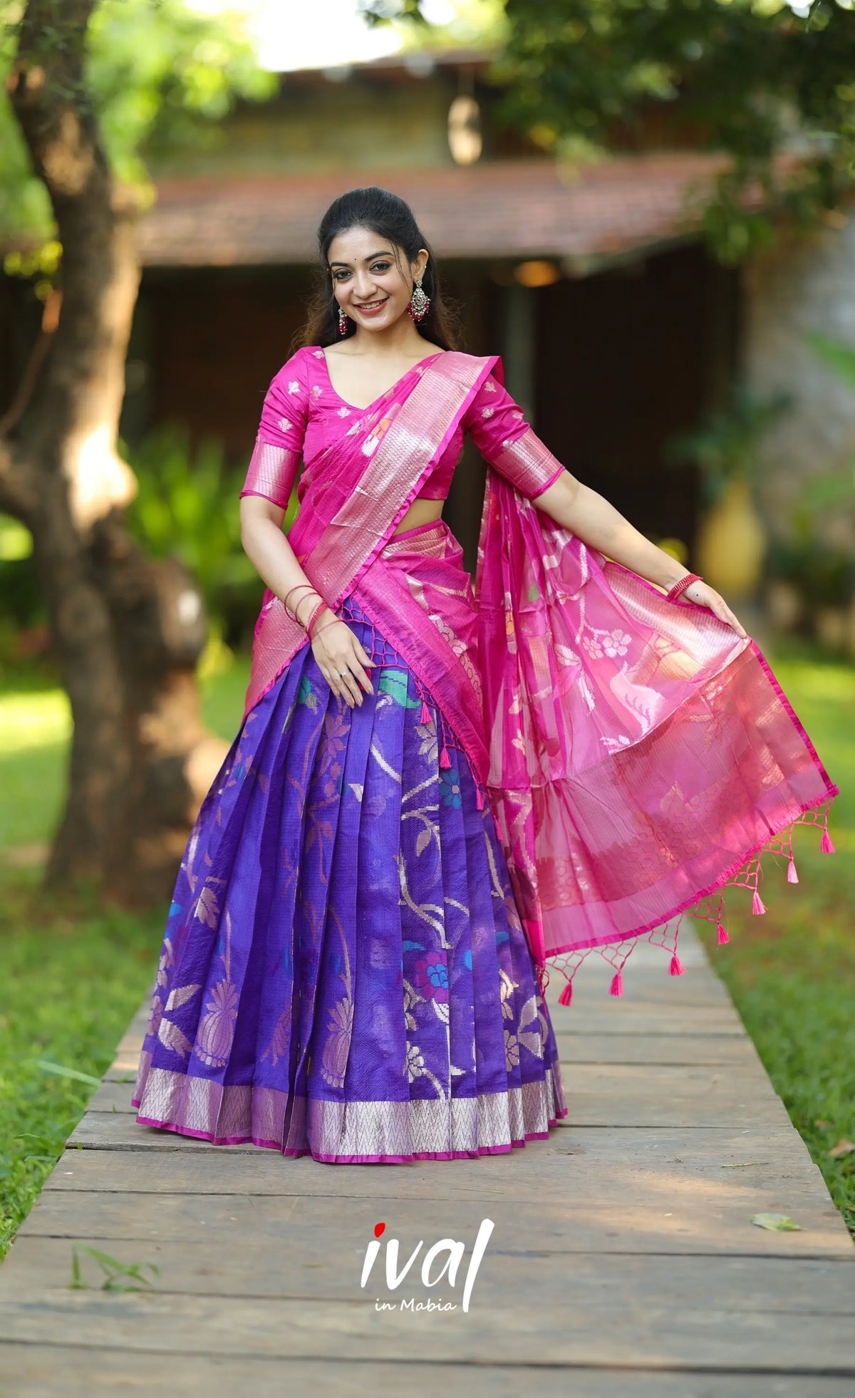 Sayuri Kota Halfsaree - Bluish violet and Pink - Half Sarees