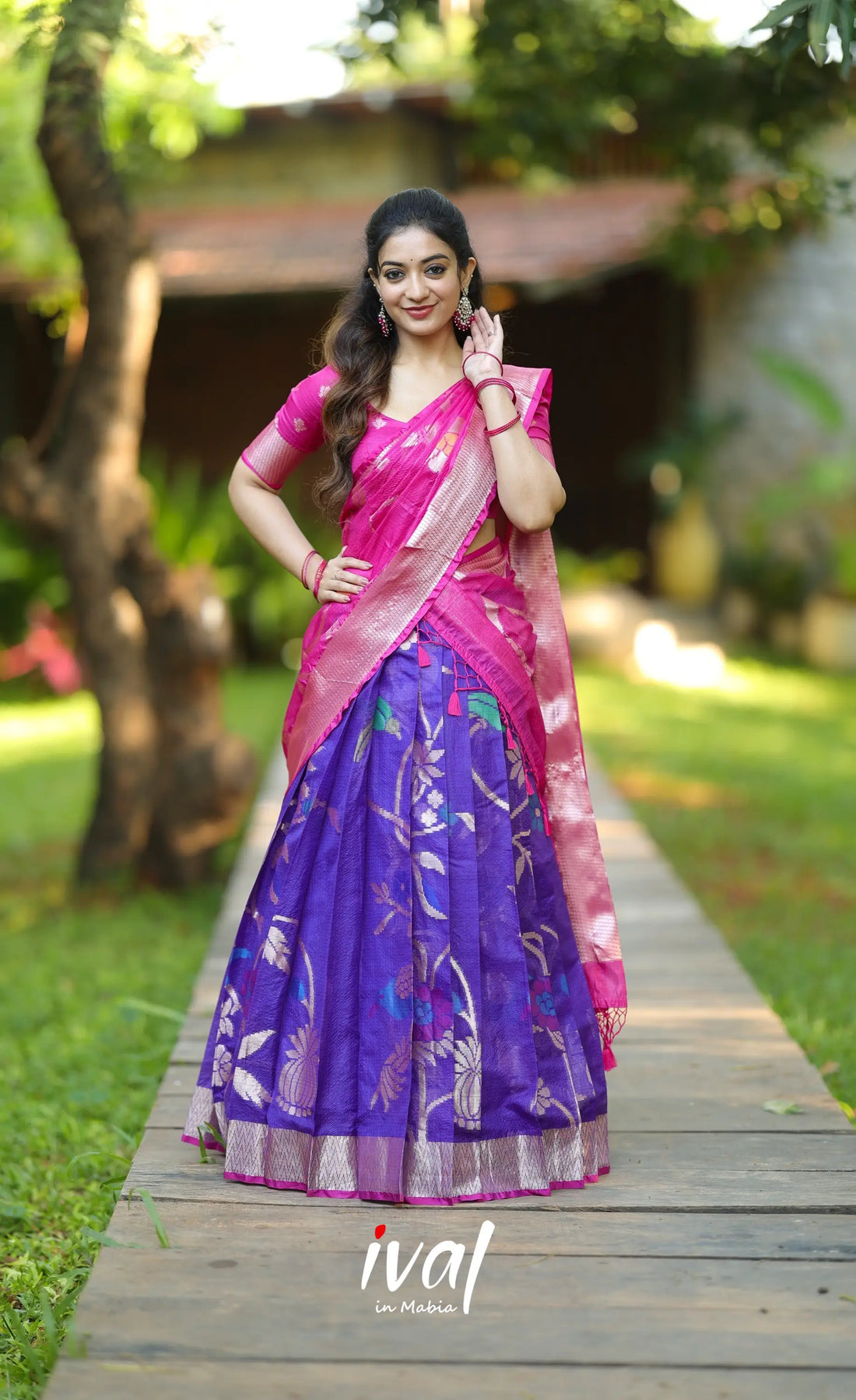 Sayuri Kota Halfsaree - Bluish violet and Pink - Half Sarees