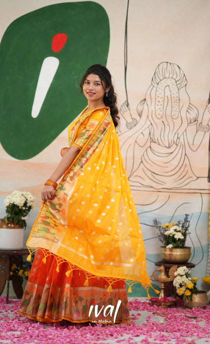 Sayuri Kota Halfsaree - Bright Orange and Yellow - Half Sarees