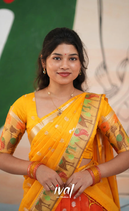 Sayuri Kota Halfsaree - Bright Orange and Yellow - Half Sarees