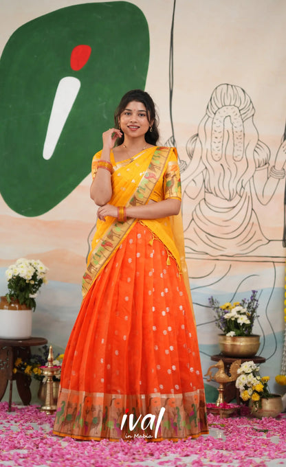 Sayuri Kota Halfsaree - Bright Orange and Yellow - Half Sarees