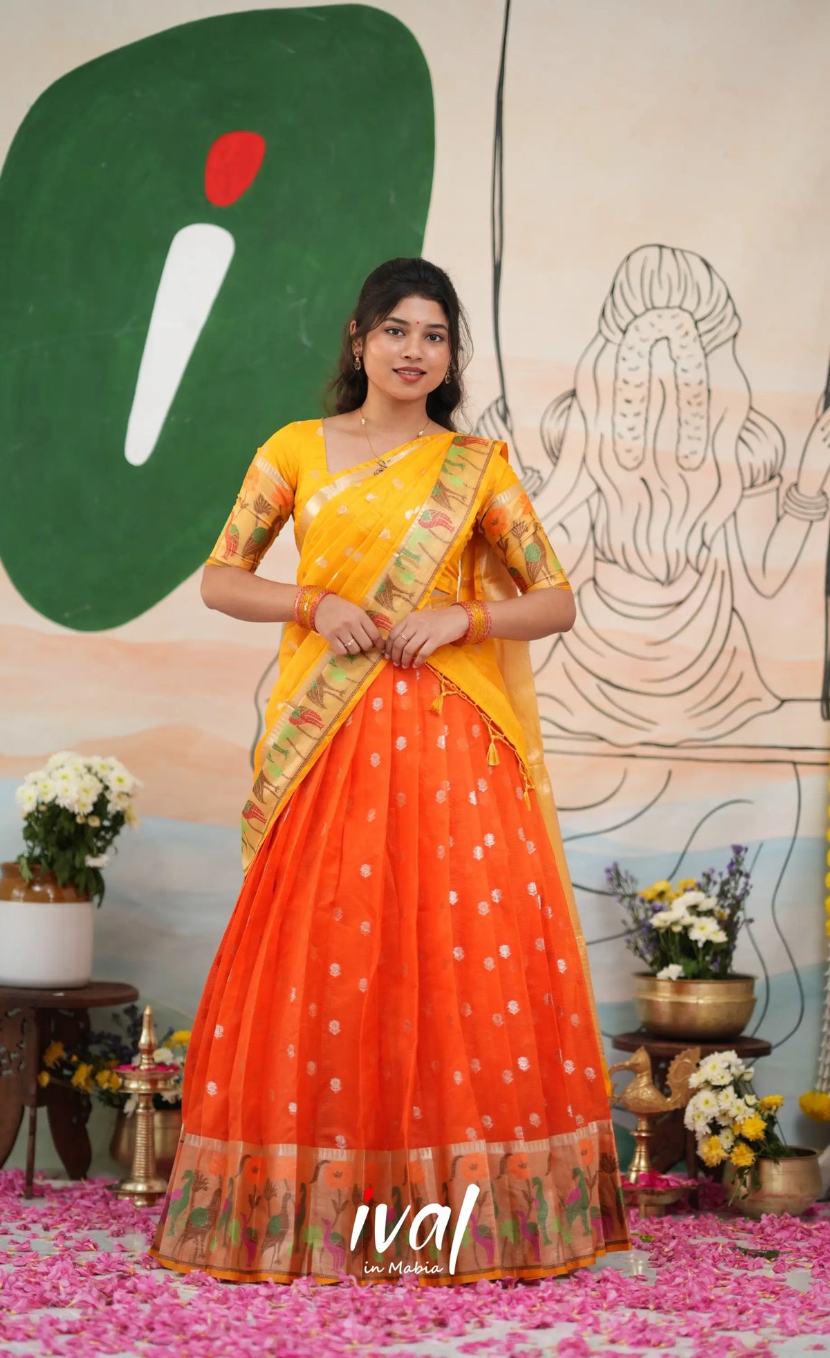Sayuri Kota Halfsaree - Bright Orange and Yellow - Half Sarees