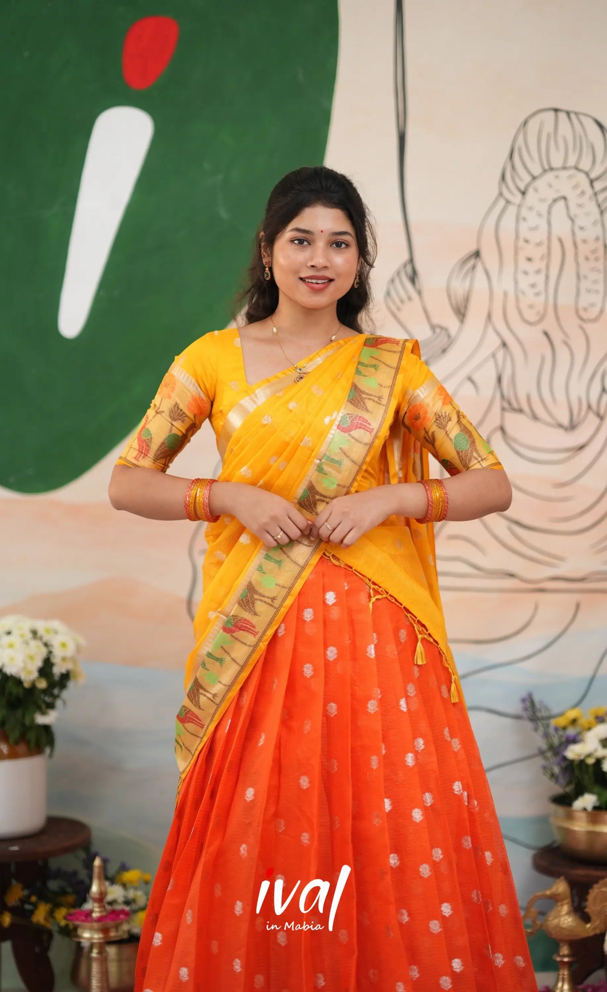 Sayuri Kota Halfsaree - Bright Orange and Yellow - Half Sarees