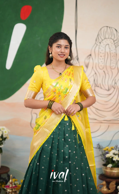 Sayuri Kota Halfsaree - Dark Forest Green and Yellow - Half Sarees