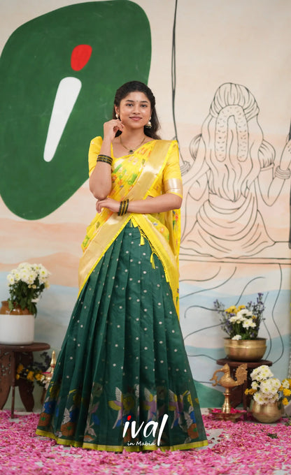 Sayuri Kota Halfsaree - Dark Forest Green and Yellow - Half Sarees