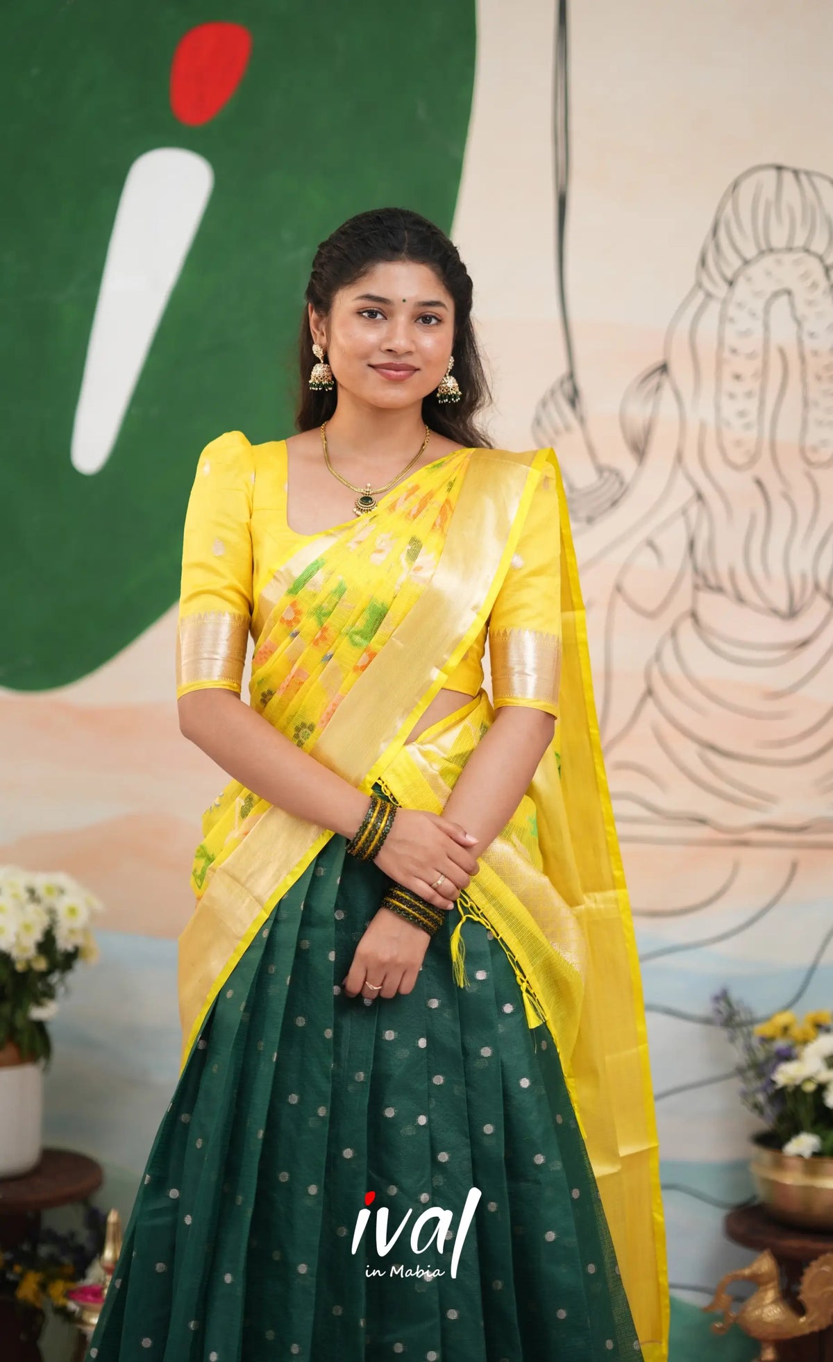 Sayuri Kota Halfsaree - Dark Forest Green and Yellow - Half Sarees