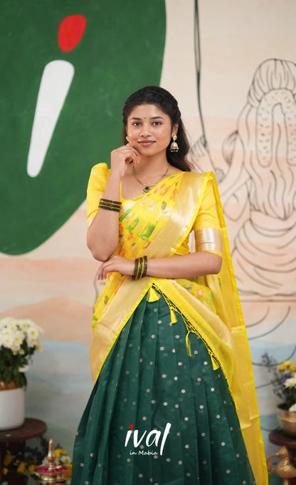 Sayuri Kota Halfsaree - Dark Forest Green and Yellow - Half Sarees