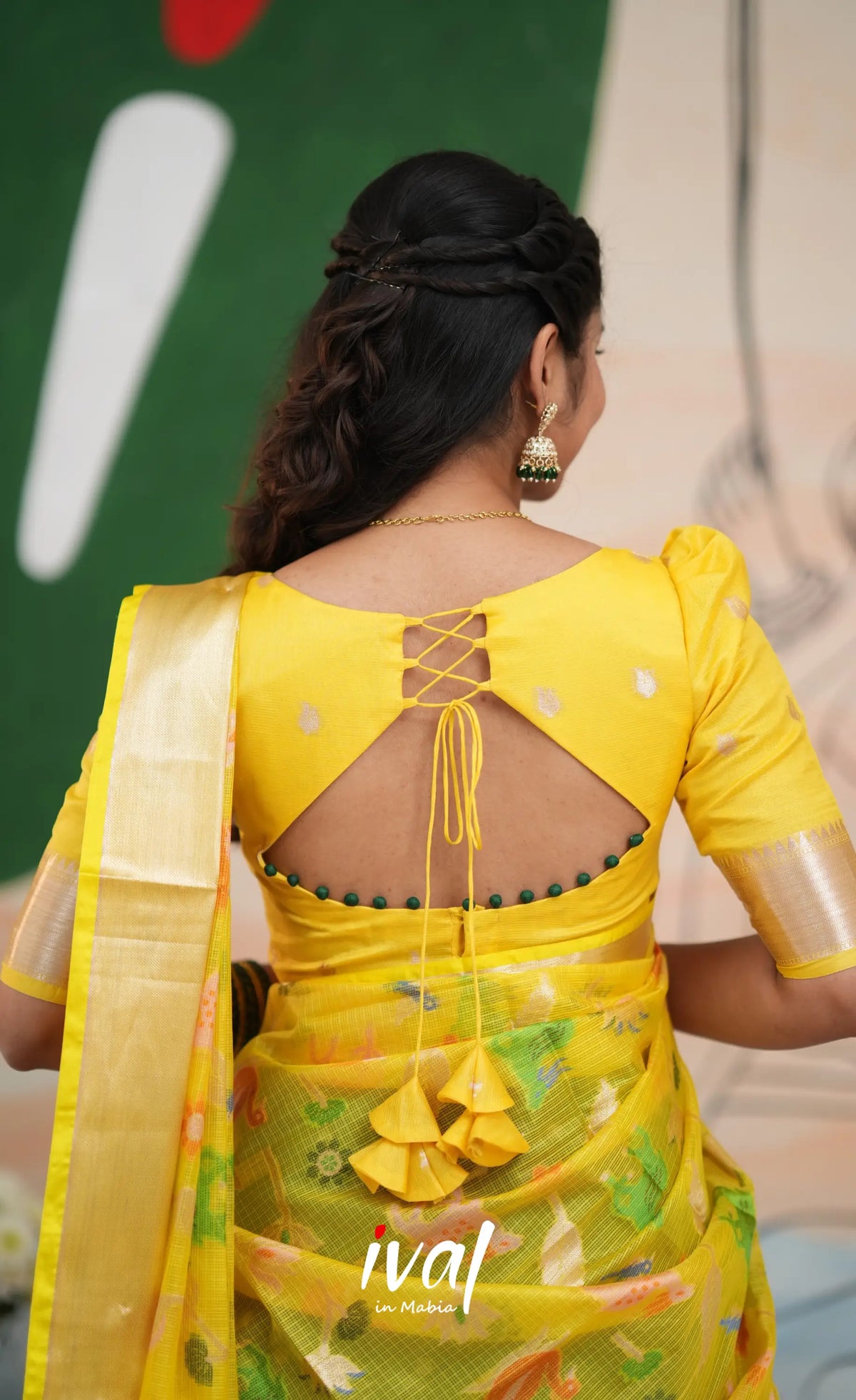 Sayuri Kota Halfsaree - Dark Forest Green and Yellow - Half Sarees
