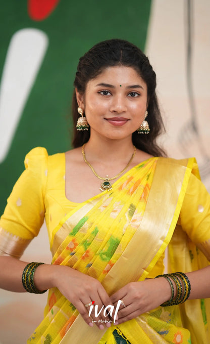 Sayuri Kota Halfsaree - Dark Forest Green and Yellow - Half Sarees