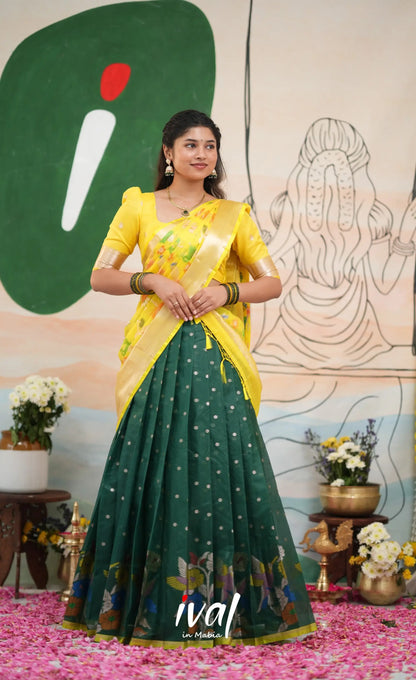 Sayuri Kota Halfsaree - Dark Forest Green and Yellow - Half Sarees