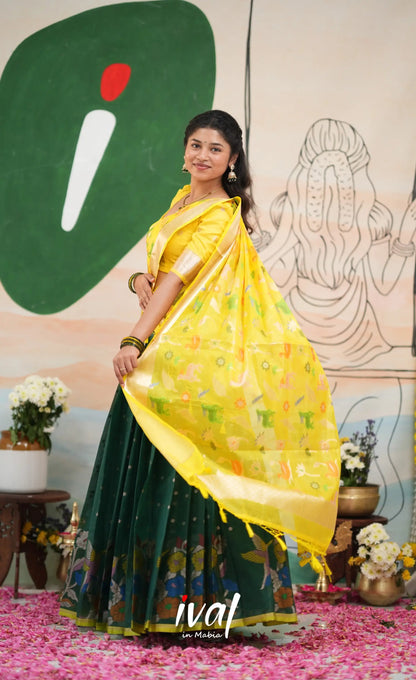 Sayuri Kota Halfsaree - Dark Forest Green and Yellow - Half Sarees