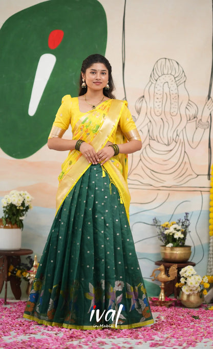 Sayuri Kota Halfsaree - Dark Forest Green and Yellow - Half Sarees