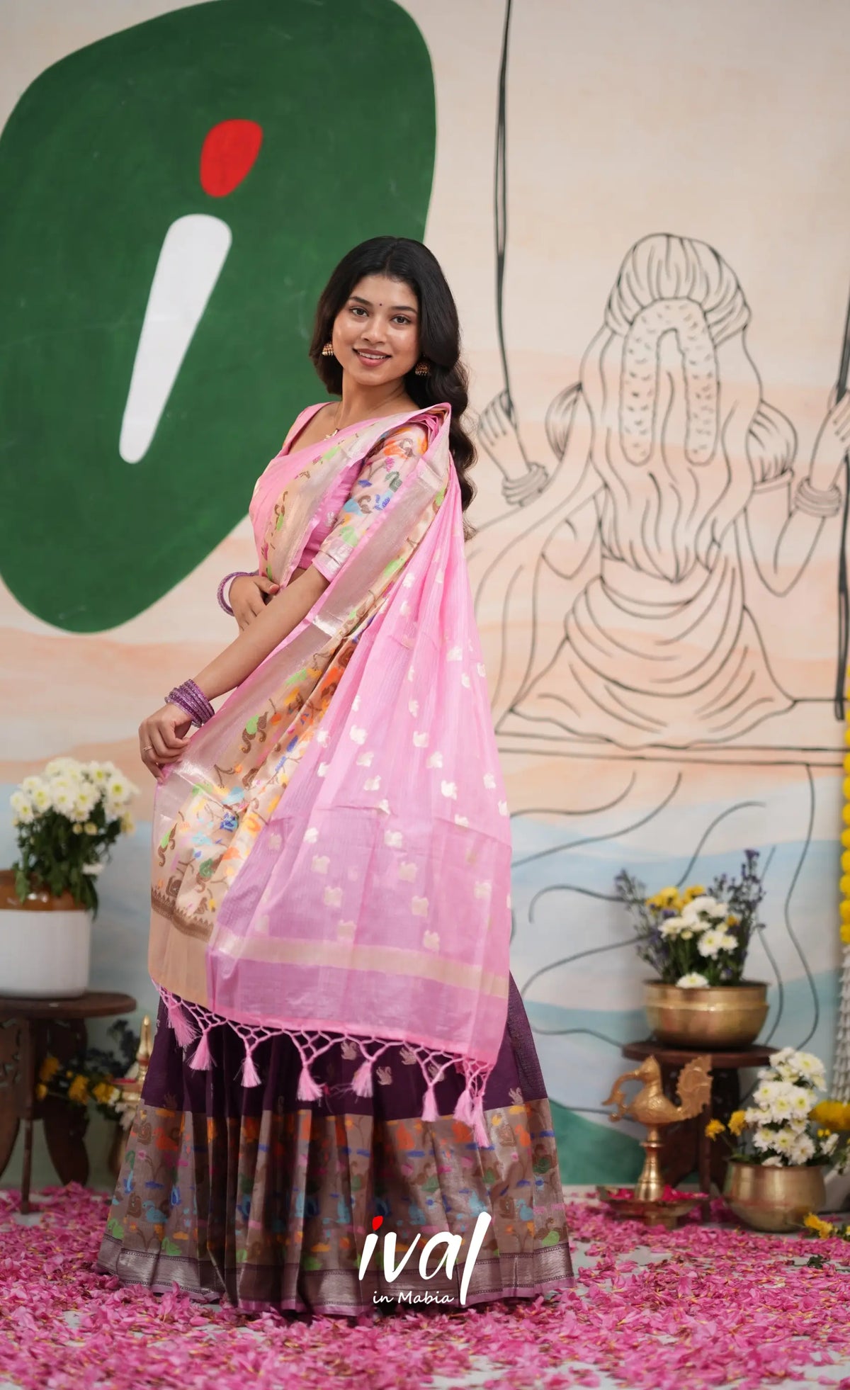 Sayuri Kota Halfsaree - Deep Wine and Baby Pink - Half Sarees