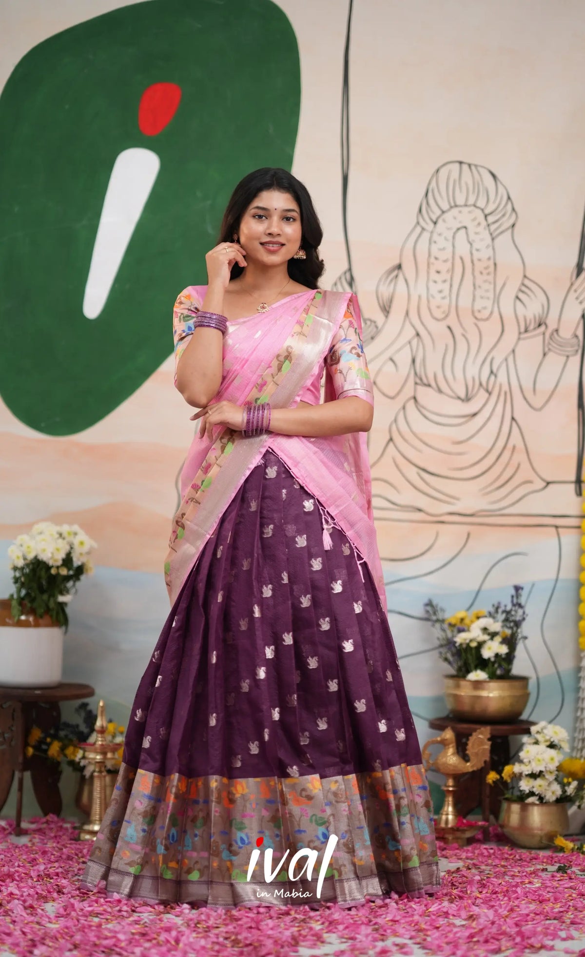Sayuri Kota Halfsaree - Deep Wine and Baby Pink - Half Sarees
