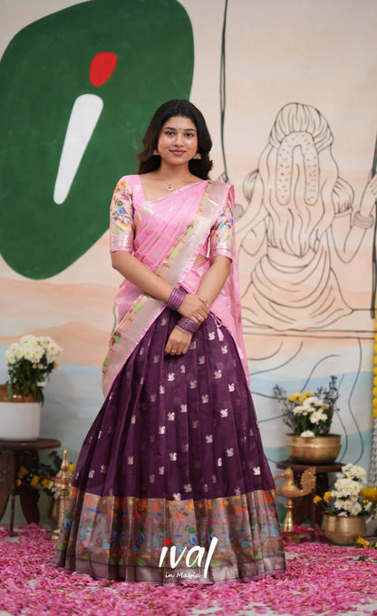 Sayuri Kota Halfsaree - Deep Wine and Baby Pink - Half Sarees