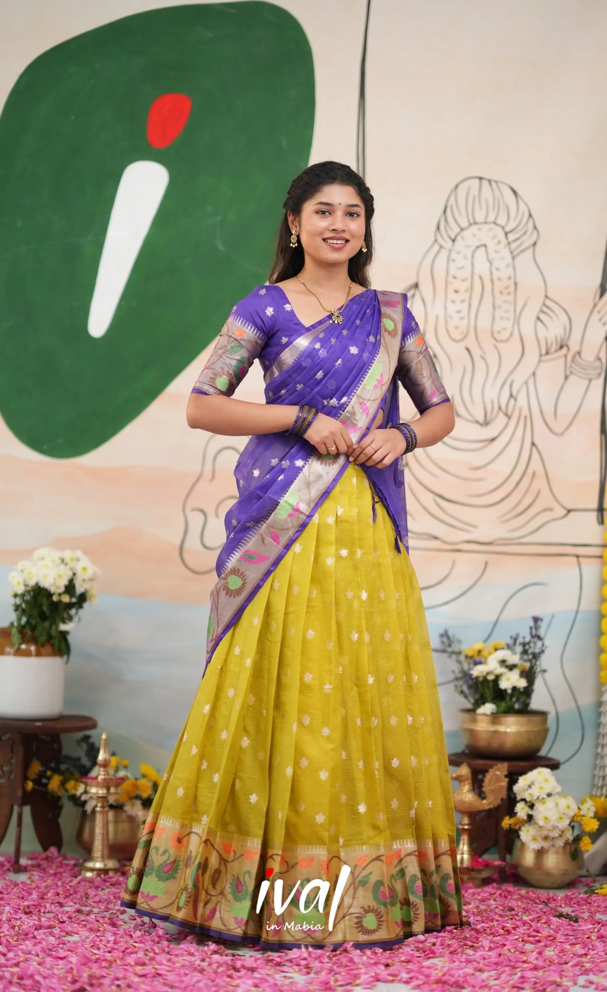 Sayuri Kota Halfsaree - Henna Yellow and Purple - Half Sarees